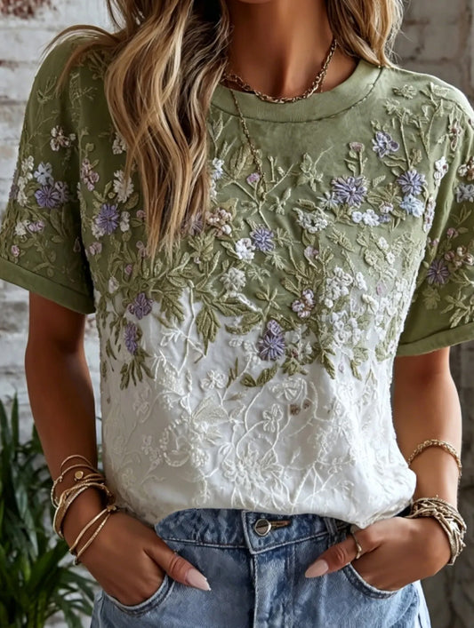 Dame vintage blomstrete kunsttrykk uformell topp i bomull-lin