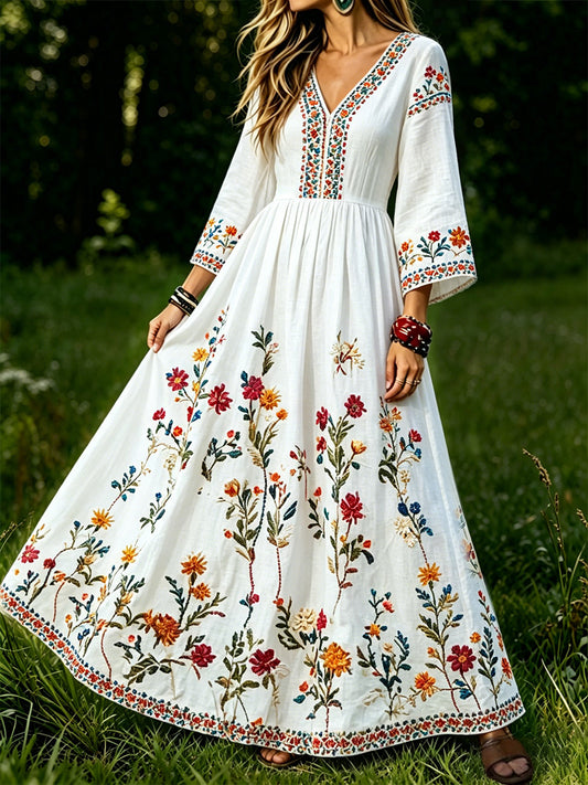 Dameskjorte med blomstermønster, elegant, V-hals, lang erm