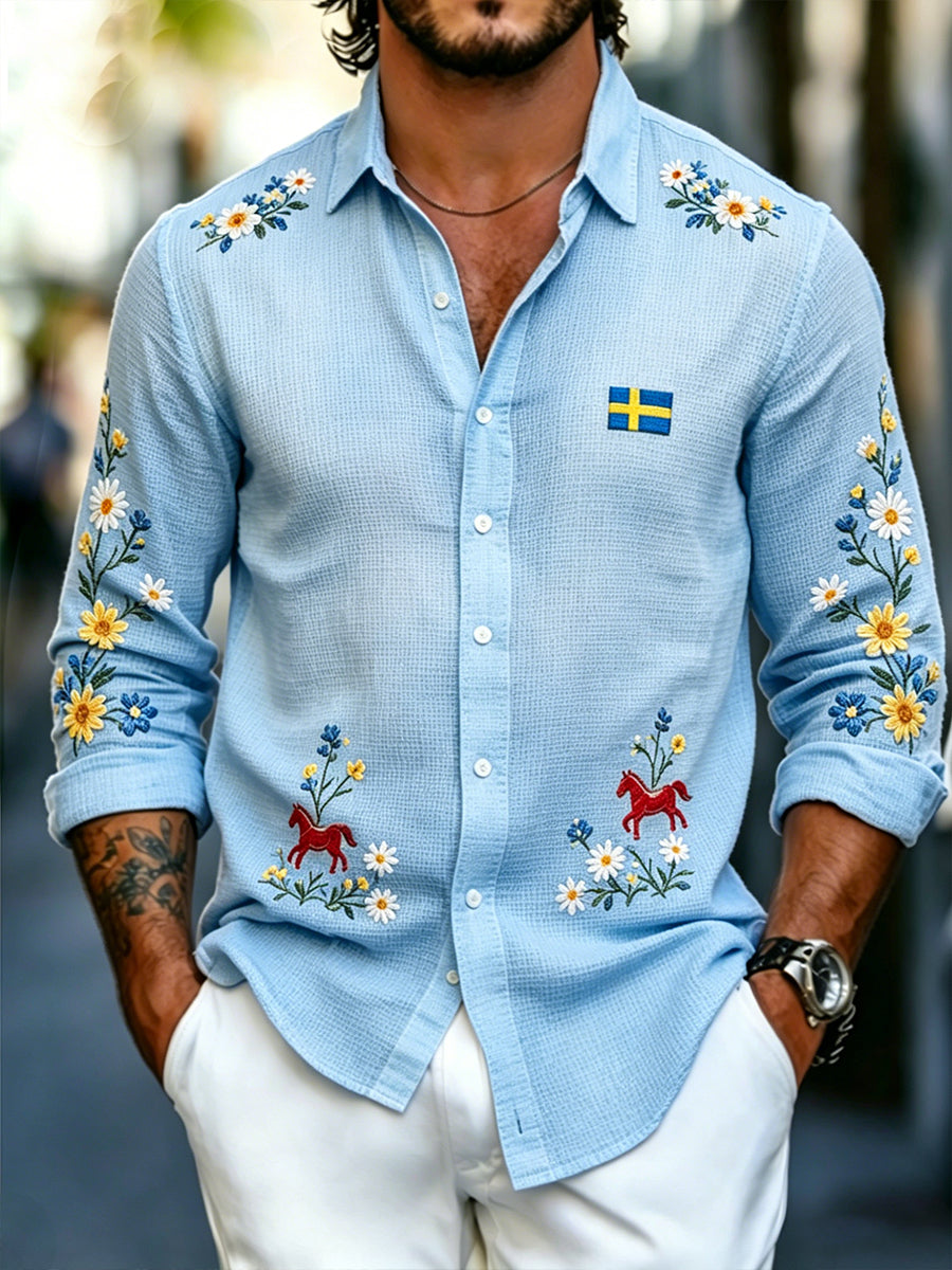 Mäns våffle-knit långärmen skjorta med blomster och rockande häst tryckt