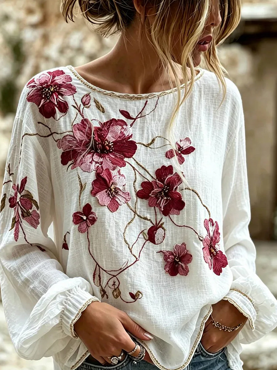 Dams vintage blommig konsttryckt casual topp i bomull-linne