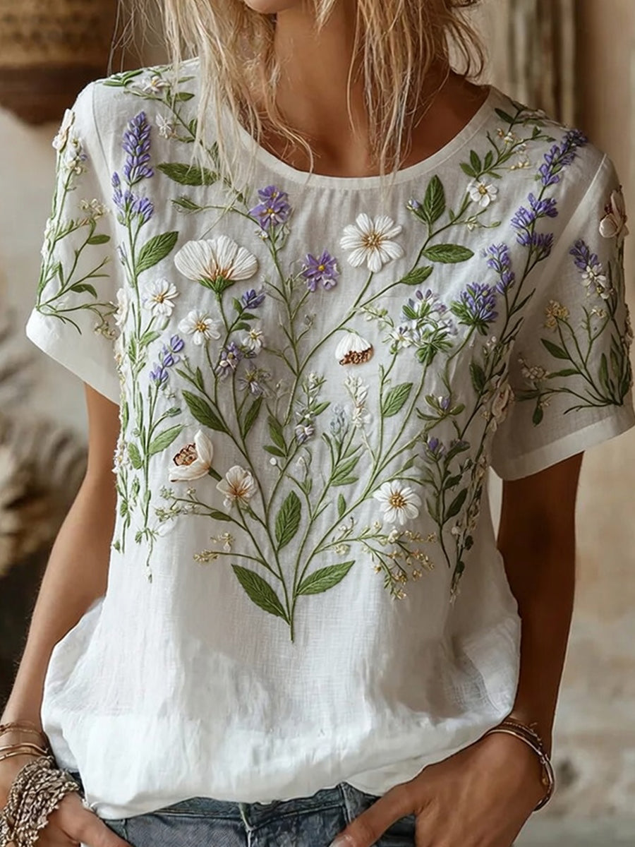 Kvinnors Retro Floral Art Skriv ut Casual bomull Lin topp