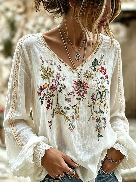 Dame Vintage Blomstertrykk Bomull Lin Casual Topp