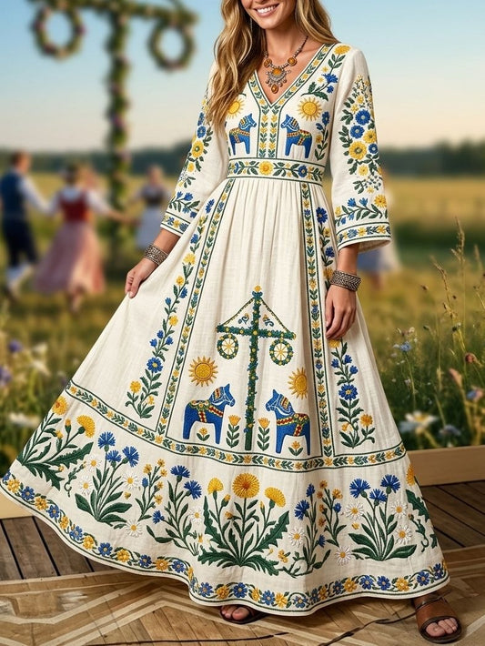 Retro svensk midtsommerfolkedrakt i bomull-lin med blomstermønster for kvinner