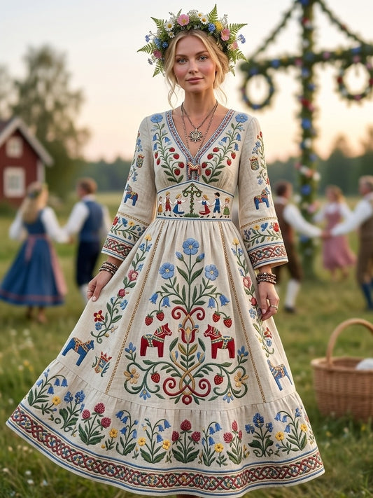 Retro svensk midtsommerfolkedrakt i bomull-lin med blomstermønster for kvinner