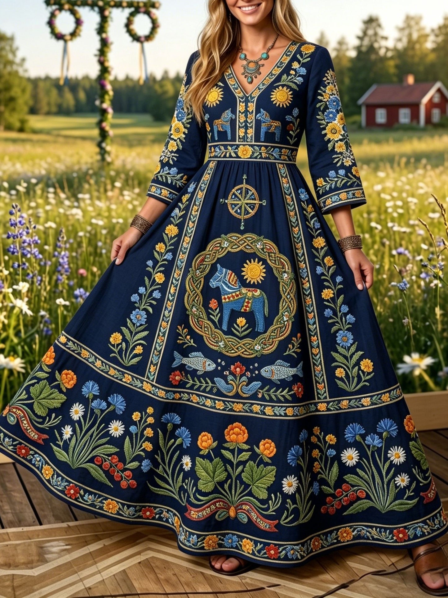 Dams retro svensk midsommarfolkdräkt i bomull-linne med blommönster