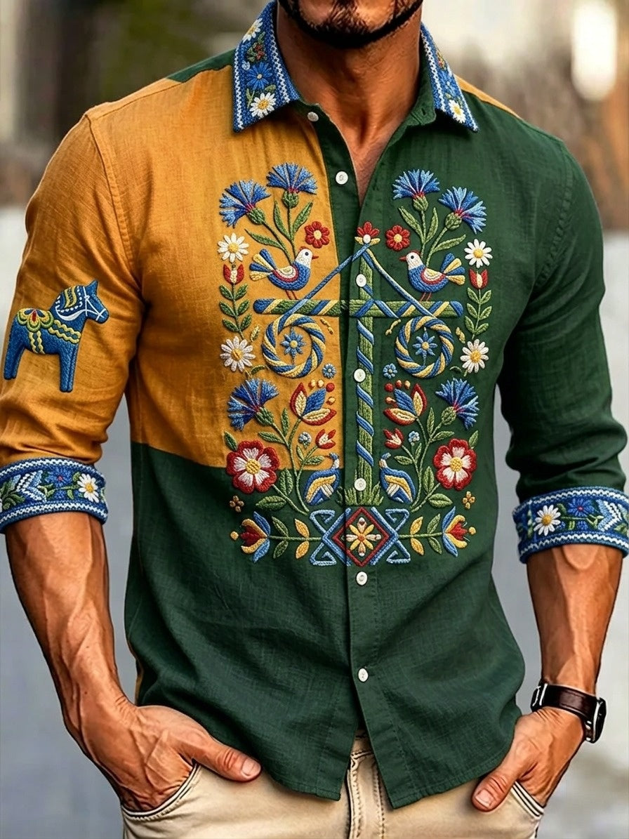 Herr Retro Svenska midsommar Folk Floral Bomull-Linen Långärmskjortor
