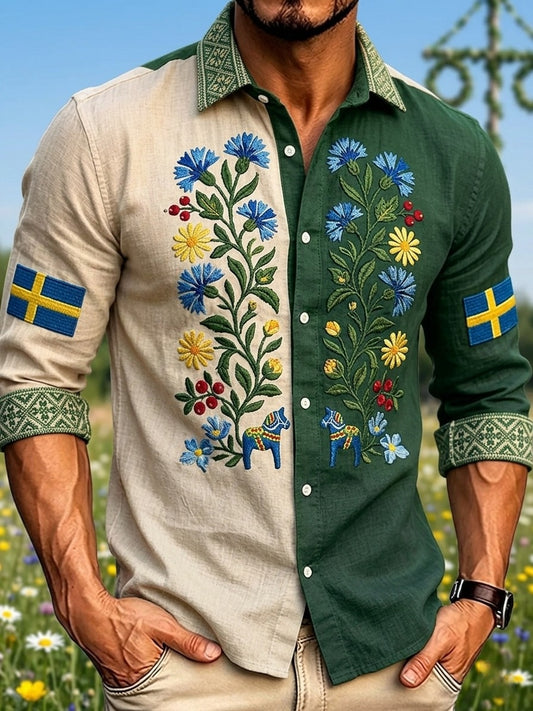 Herre retro svensk midtsommerfolkealdri blomstret bomull-lin skjorte med lange ermer