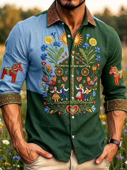 Herrretro svensk midsommarfolkaldrigblommig bomull-linne långärmad skjorta