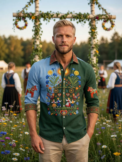 Herrretro svensk midsommarfolkaldrigblommig bomull-linne långärmad skjorta