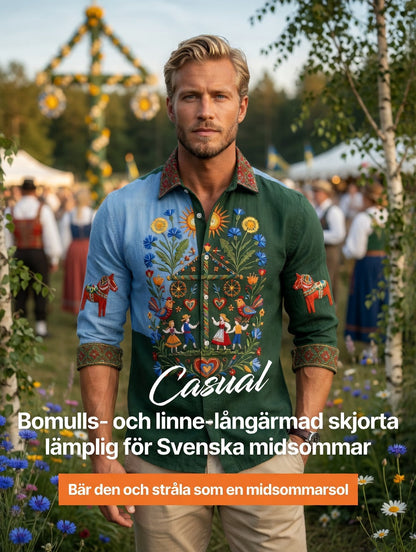 Herrretro svensk midsommarfolkaldrigblommig bomull-linne långärmad skjorta