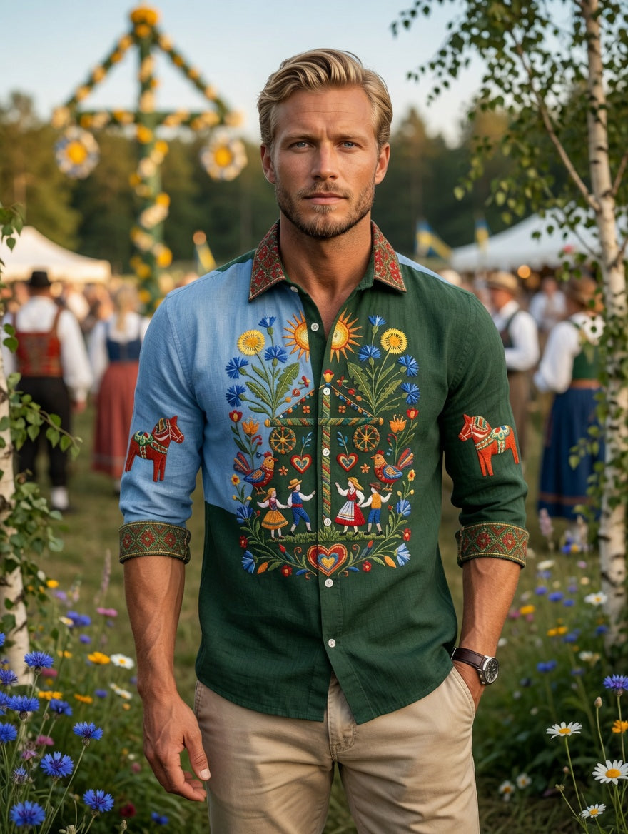 Herrretro svensk midsommarfolkaldrigblommig bomull-linne långärmad skjorta