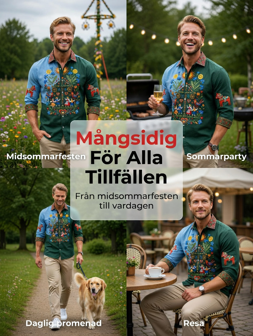Herrretro svensk midsommarfolkaldrigblommig bomull-linne långärmad skjorta