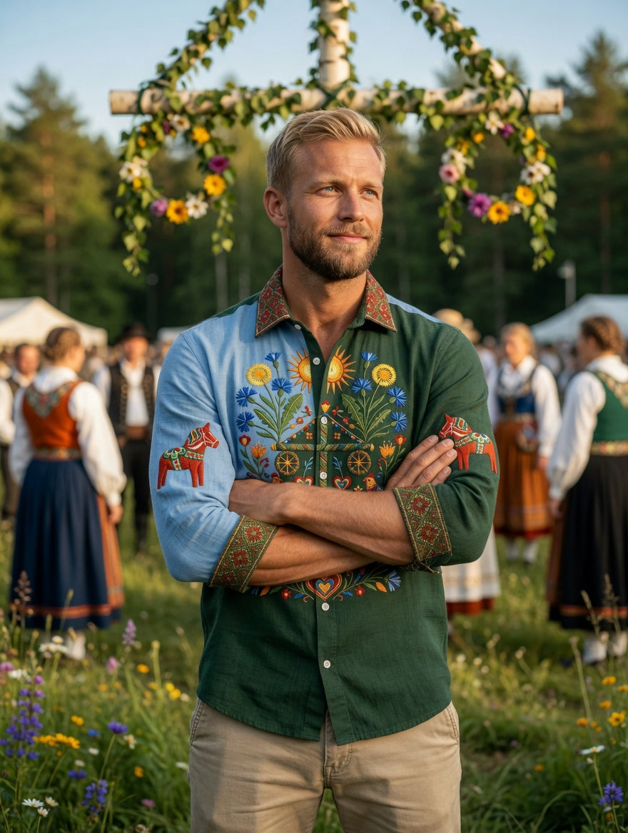 Herrretro svensk midsommarfolkaldrigblommig bomull-linne långärmad skjorta