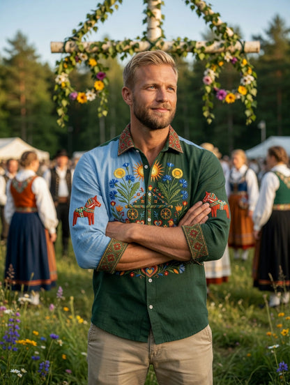 Herrretro svensk midsommarfolkaldrigblommig bomull-linne långärmad skjorta