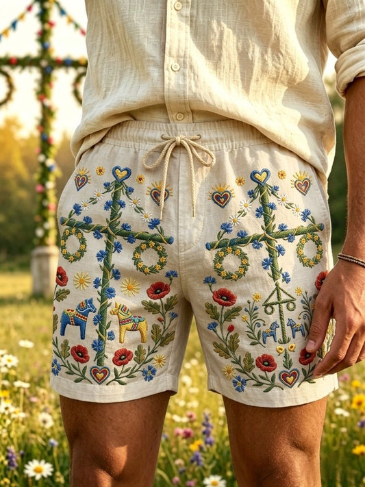 Herreklær Retro Svensk Midtsommer Folk Blomster Bomull-Lin Korte Bukser