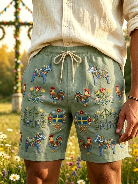 Herreklær Retro Svensk Midtsommer Folk Blomster Bomull-Lin Korte Bukser