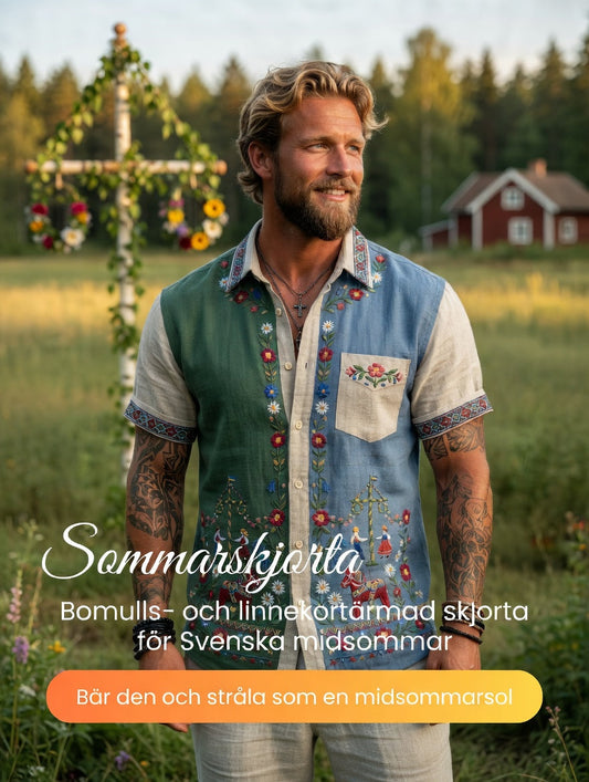 Herr retro svensk midtsommerfolkealdri blomstrete bomull-lin skjorte med korte ermer