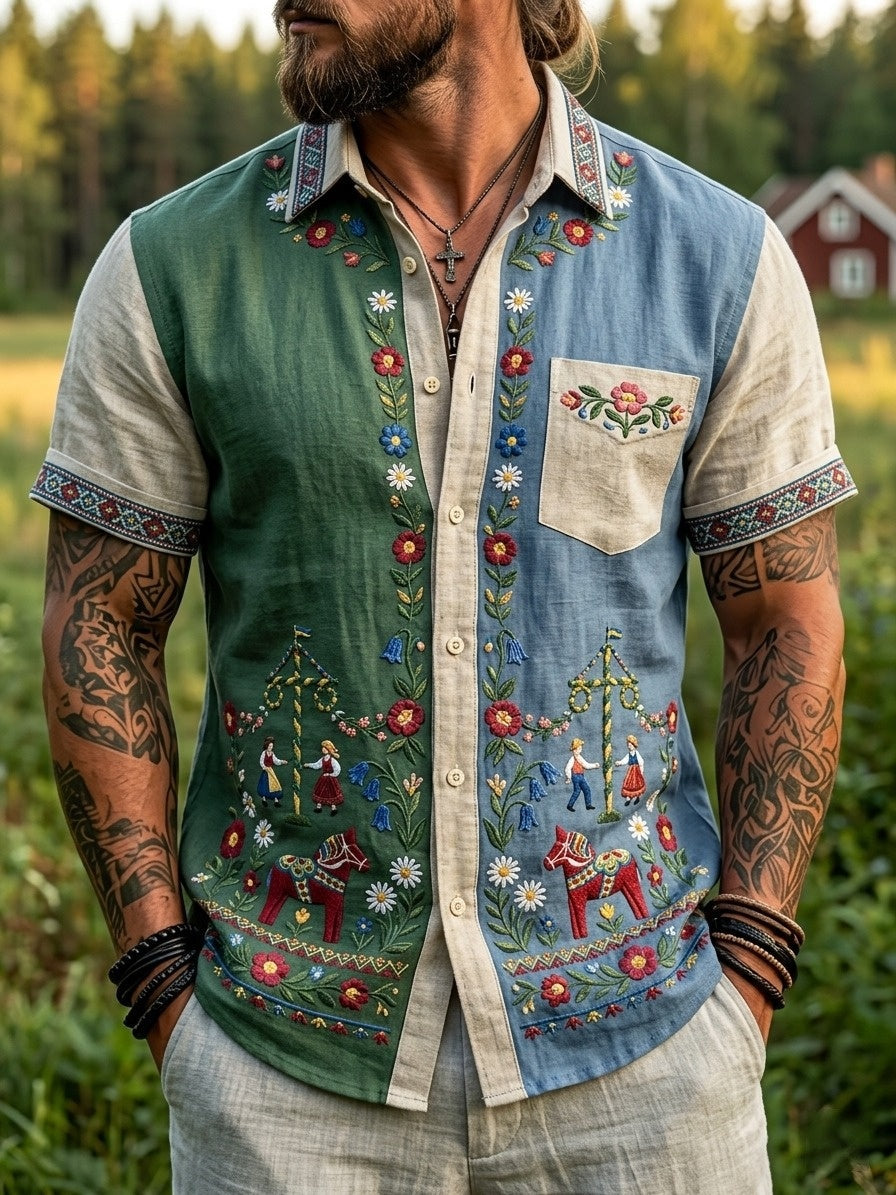 Herrretro svensk midsommarfolkaldrigblommig bomull-linne skjorta med korta ärmarna