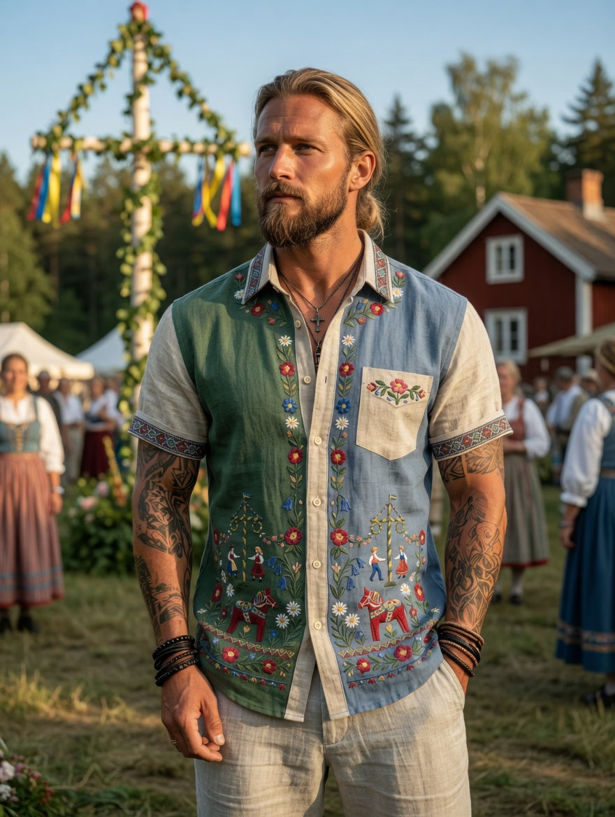 Herrretro svensk midsommarfolkaldrigblommig bomull-linne skjorta med korta ärmarna
