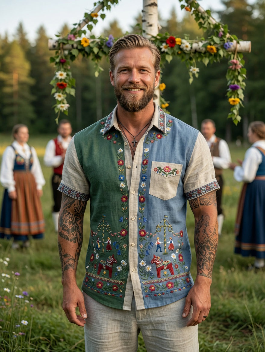 Herrretro svensk midsommarfolkaldrigblommig bomull-linne skjorta med korta ärmarna