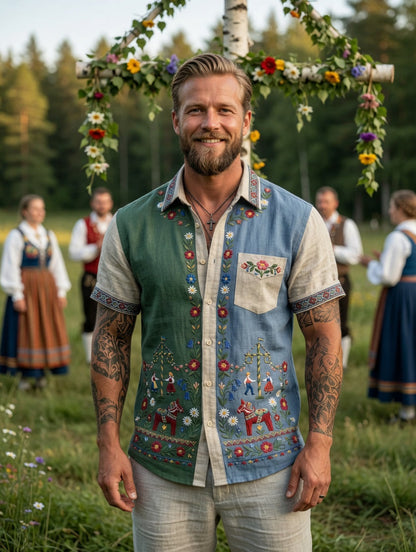Herrretro svensk midsommarfolkaldrigblommig bomull-linne skjorta med korta ärmarna