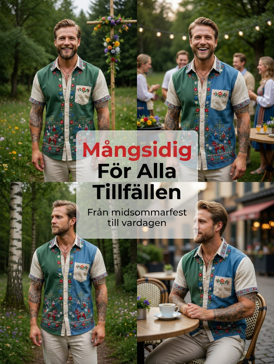 Herrretro svensk midsommarfolkaldrigblommig bomull-linne skjorta med korta ärmarna