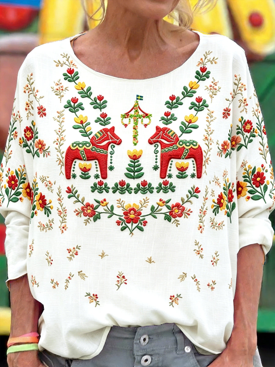 Kvinnors Vita Midsommar Dala Häst Skriv ut Casual Långärmad T-shirt