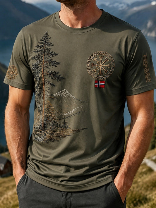 Herre Vintage Norsk Fjelltrykk Uformell Utendørs T-skjorte