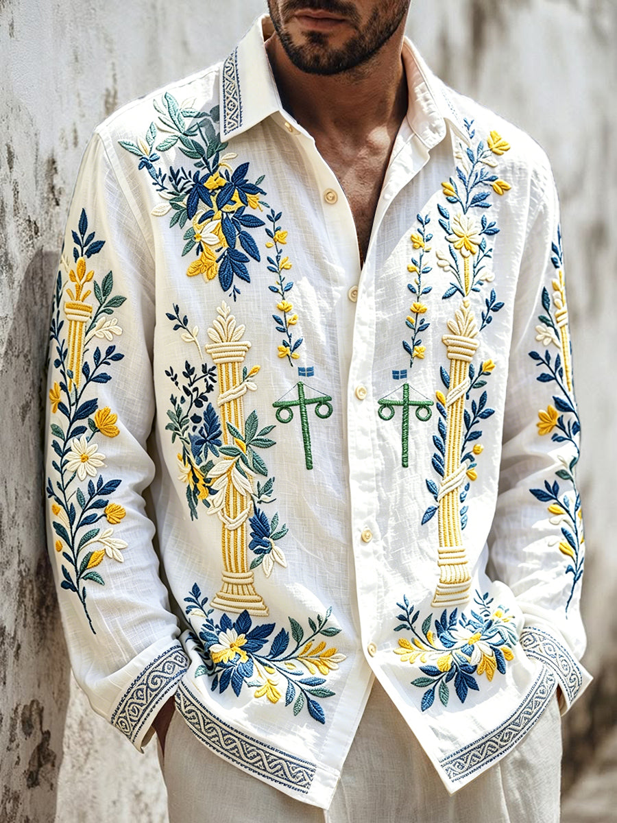 Vit Svenska Midsommar Floral Print Casual Cotton-Line Långärmad skjorta