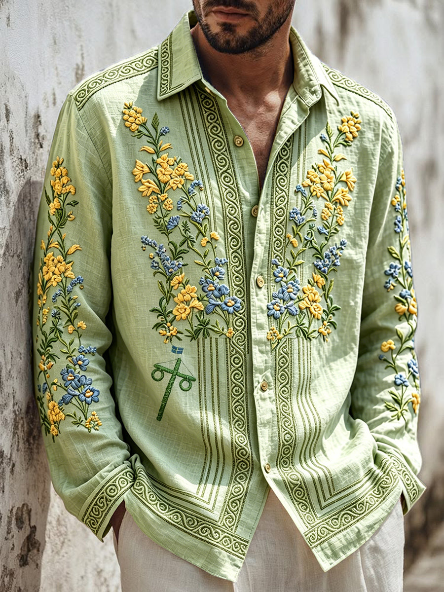 Mäns svenska midsommardag 3D Floral Print Casual Cotton-Line Långärmad skjorta