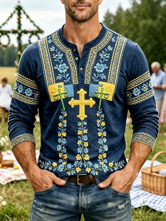 Menns dypblå Svensk midtsommer blomsterprint uformell Henley-hals langermet T-skjorte