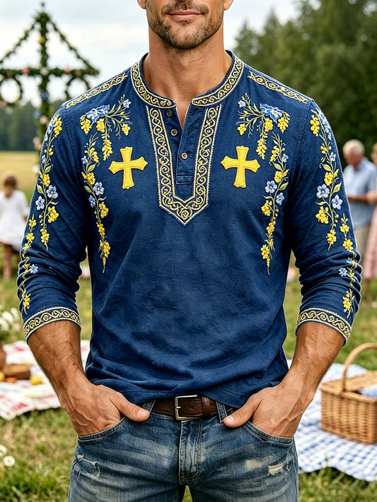 Herre svensk Midtsommerblomst Print Uformell Henley-Hals Langermet T-skjorte