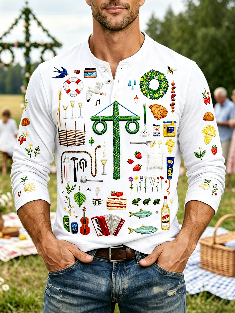 Vit Svenska midsommar 3D-tryckt Casual Henley-Hack Långärm T-shirt