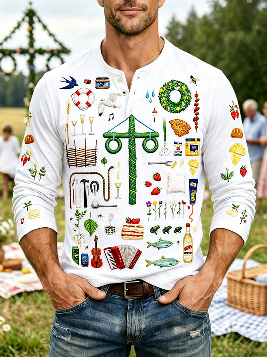 Hvit svensk midtsommer 3D-printet Casual Henley-hals Langermet T-skjorte