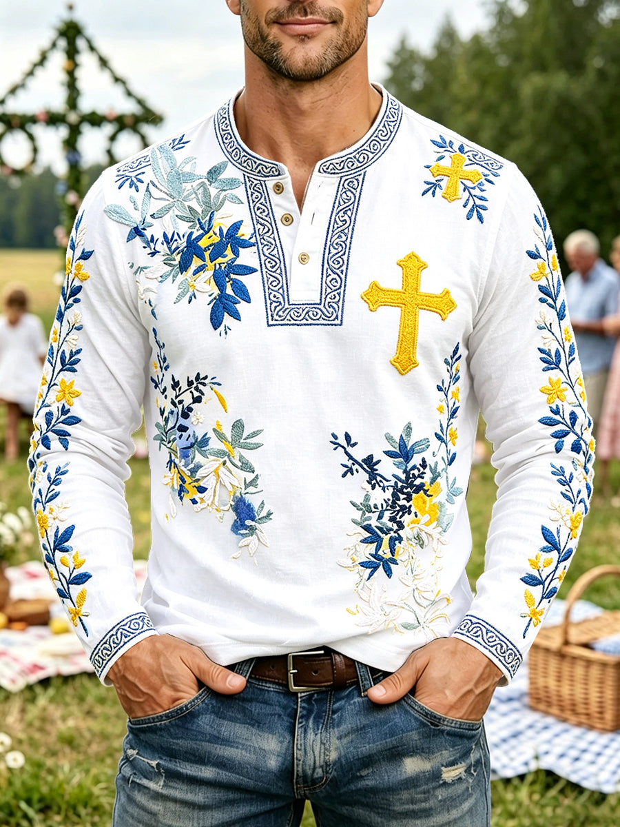 Vit Svenska midsommar blommar Print Casual Henley-Hack Långärm T-shirt