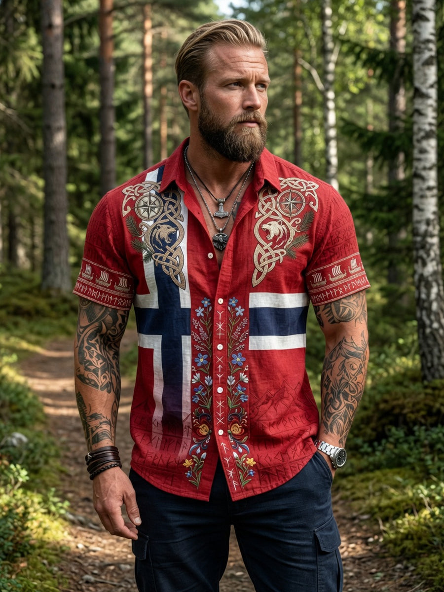 Menns Retro Asymmetrisk blomstertrykk Casual Short-Sleeve Skjorte