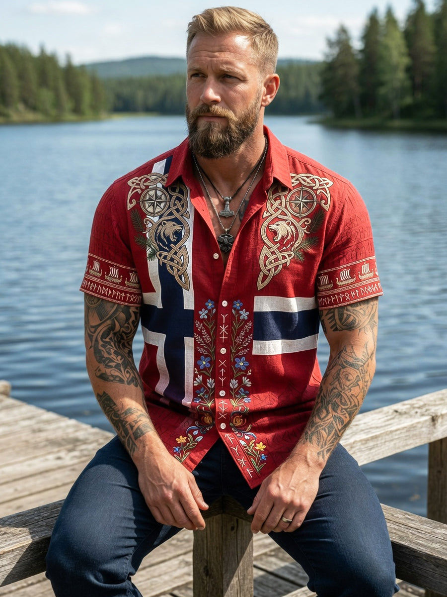 Menns Retro Asymmetrisk blomstertrykk Casual Short-Sleeve Skjorte