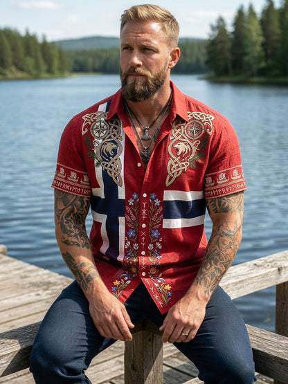 Menns Retro Asymmetrisk blomstertrykk Casual Short-Sleeve Skjorte