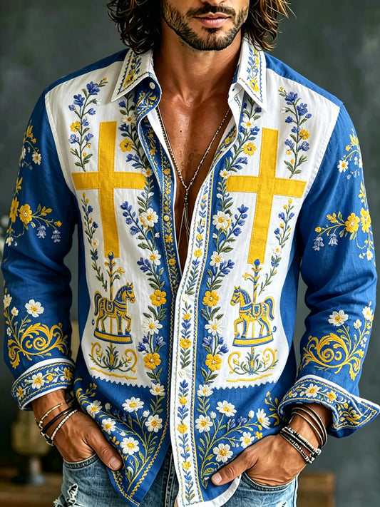 Herregenser med lange ermer og kunsttrykk som hyller den svenske midtsommerfesten