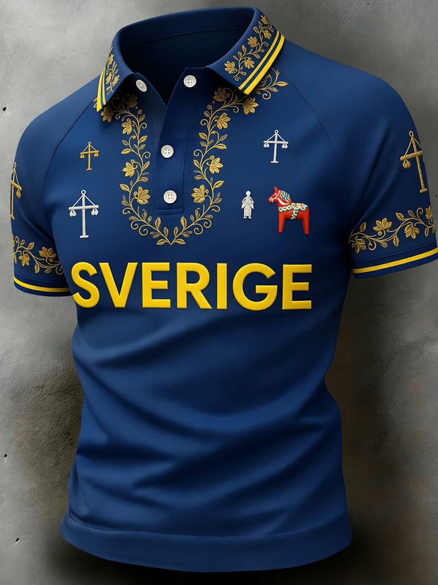Herrretro svensk konsttryck avslappnad polotröja