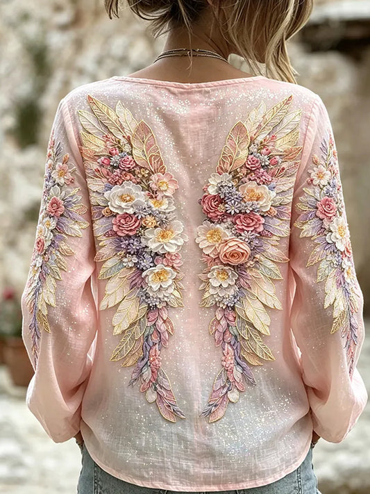 Dame vintage blomstret kunsttrykt casual topp i bomull-lin