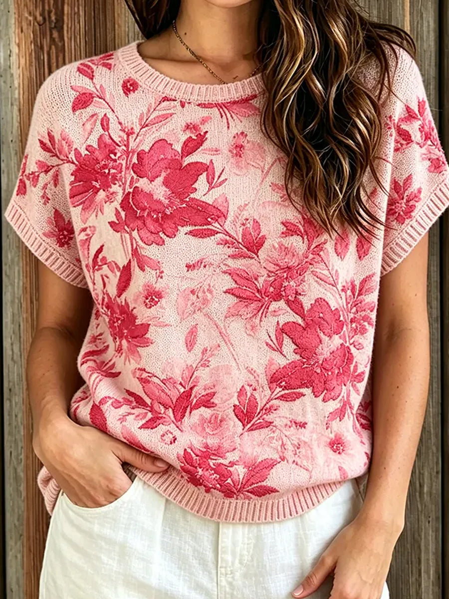 Dams retro blommig konsttryckt casual topp i bomull och linne