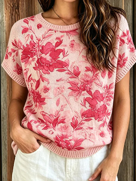 Dame retro blomstret kunsttrykt casual topp i bomull og lin