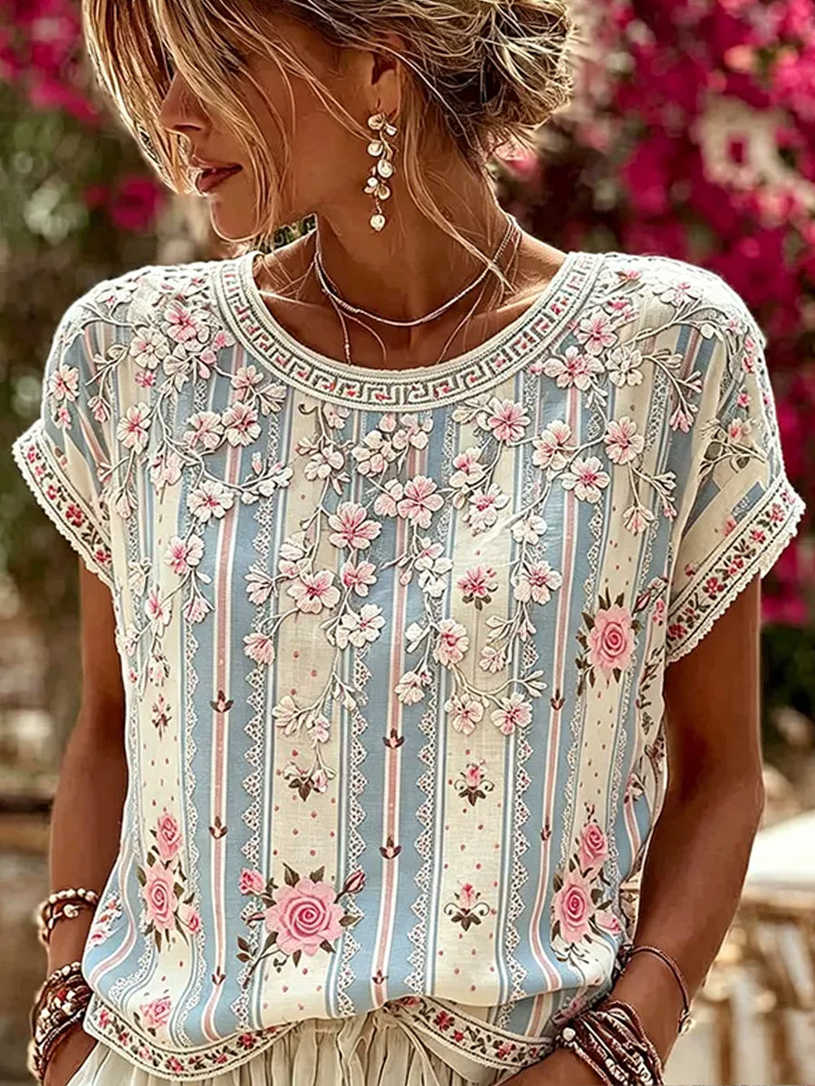 Dams retro blommig konsttryckt casual topp i bomull och linne