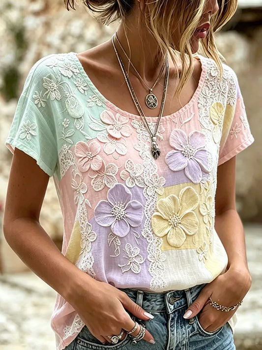 Damer retro blomstret kunsttrykt uformell topp i bomull og lin
