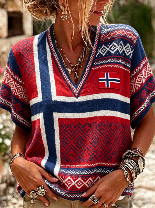 Dame t-skjorte med V-hals, Norsk fotball-cheerleading-trykk