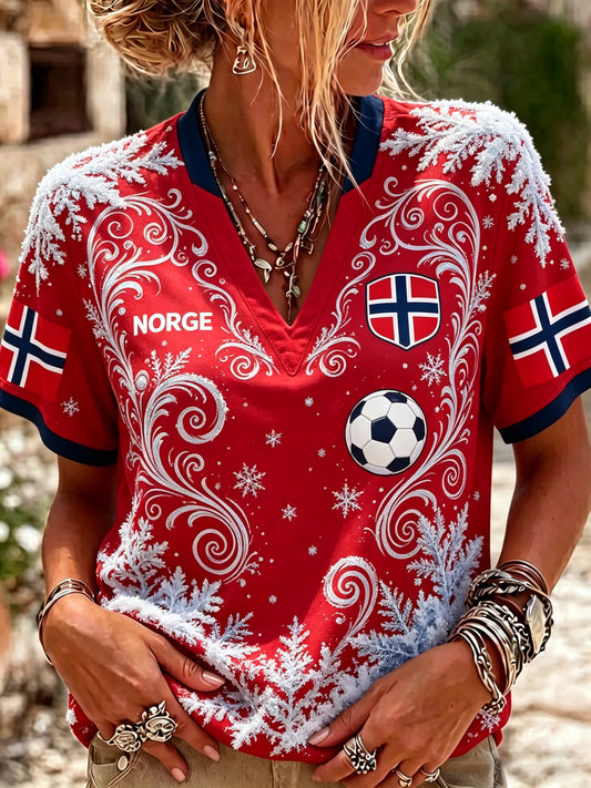 Dame t-skjorte med V-hals, Norsk fotball-cheerleading-trykk