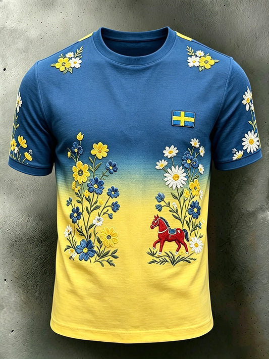 Herrmidsommardräkt med blommönster och färggradient, kortärmad t-shirt