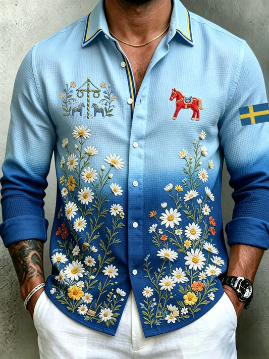 Herre retro svensk midtsommerfolkedraktblomstret vaffelgenser med lange ermer