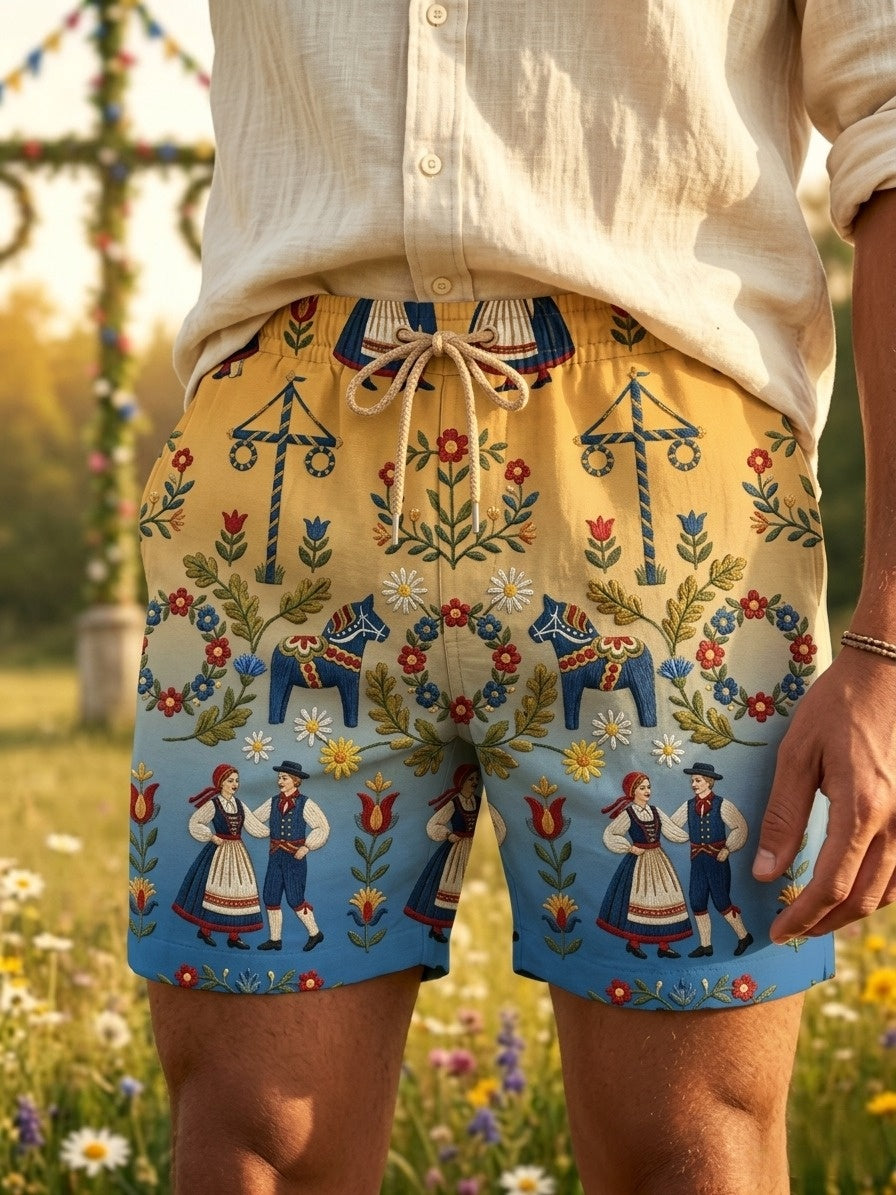 Herrkläder Retro Svenska Midsommar Folk Floral Bomull-Linne Korta Byxor